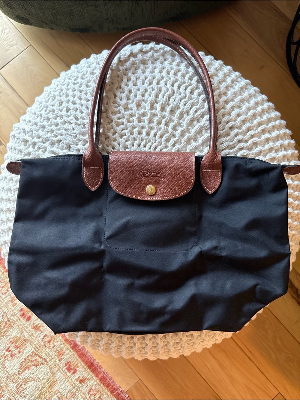 Longchamp Black Tote with Brown Leather Trim